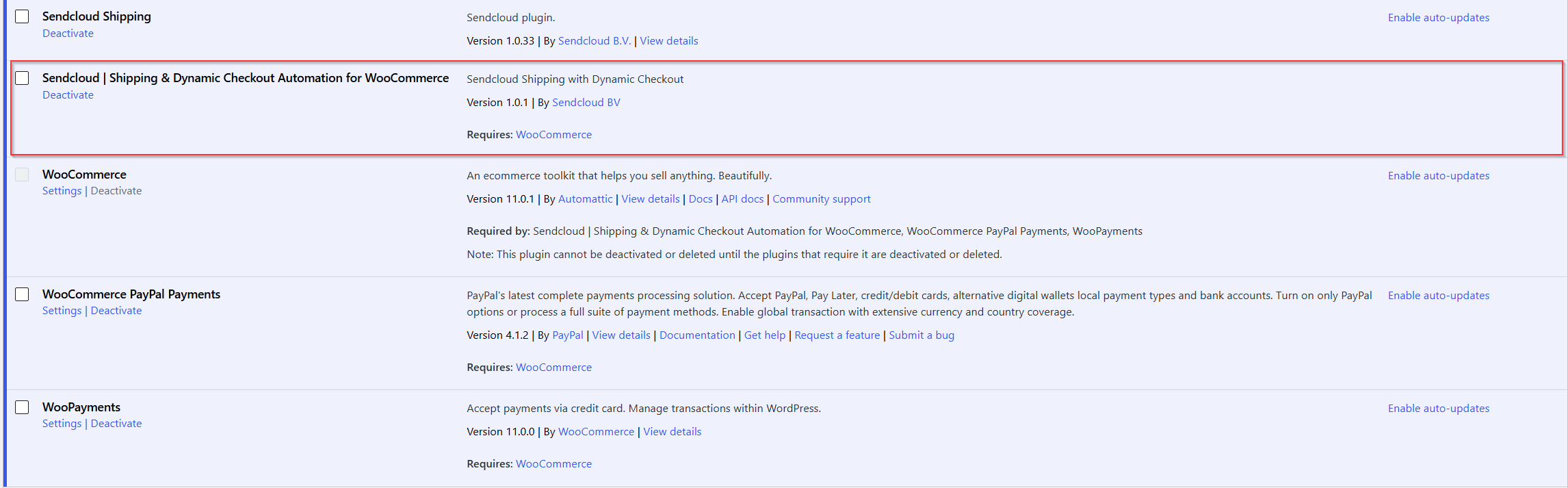 Sendcloud Dynamic Checkout plugin activated in WordPress