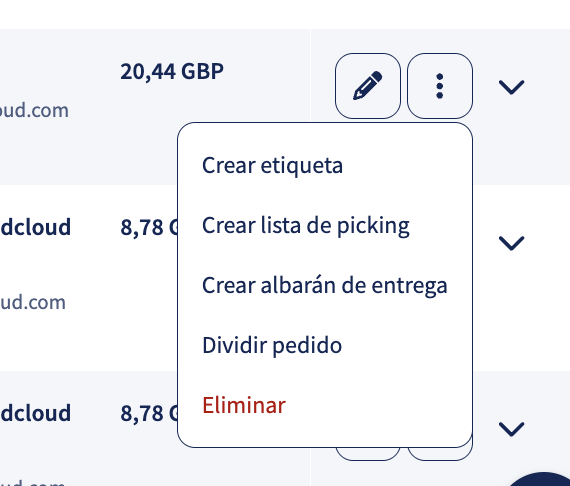 Opciones para editar o eliminar un pedido