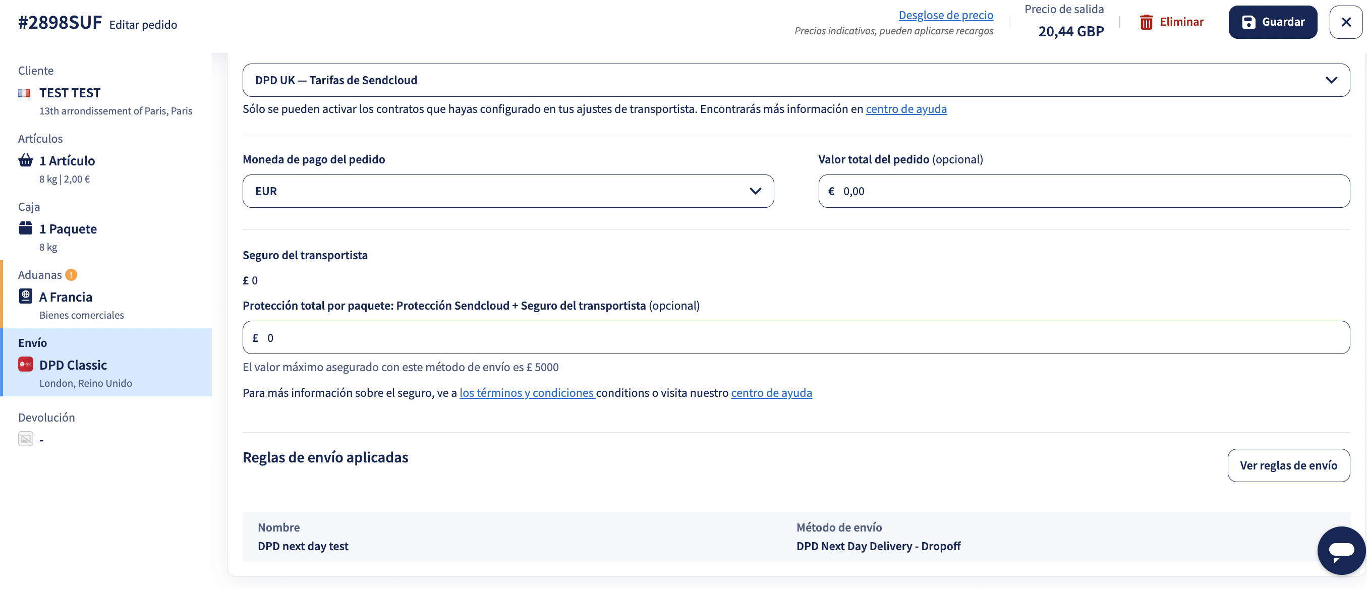 Vista detallada de edición de pedido (envío, reglas e información)