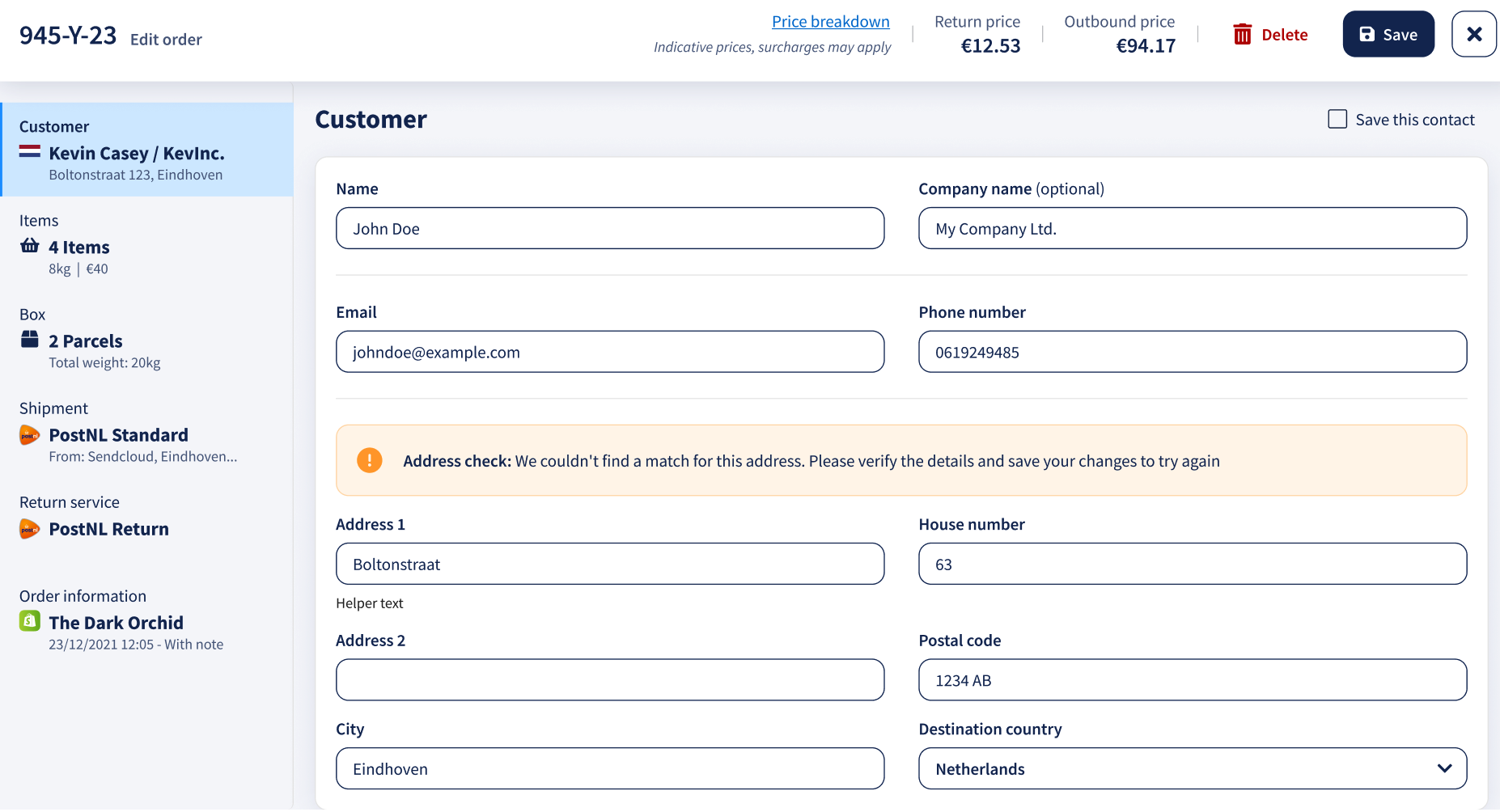 Order editor showing that no match was found for the address