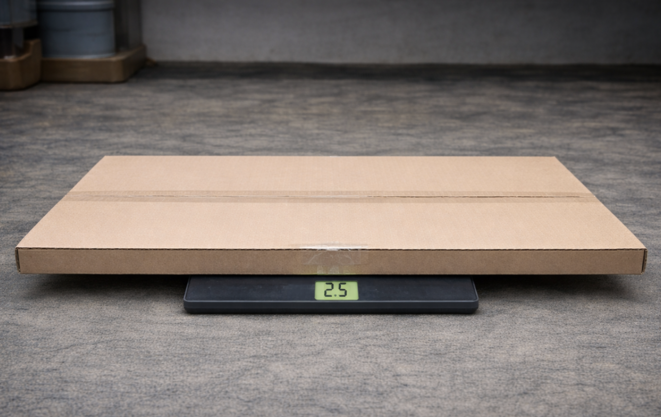 Mesure du poids (contenu + carton) : placez le colis sur une balance pour montrer le poids total.