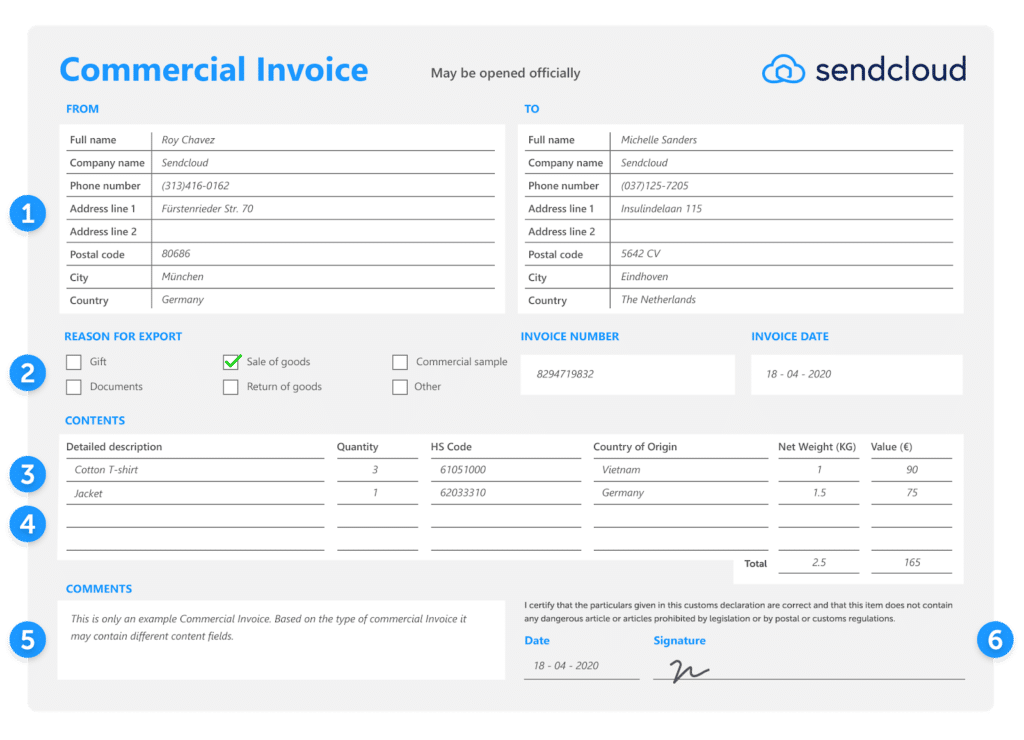 Remplir une facture commerciale de Sendcloud