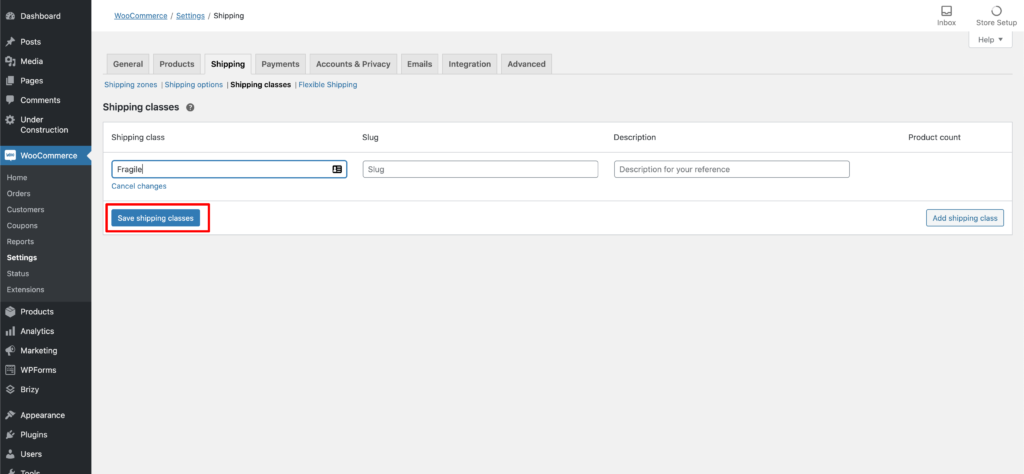 Woocommerce spedizioni: classi di spedizione, salvataggio