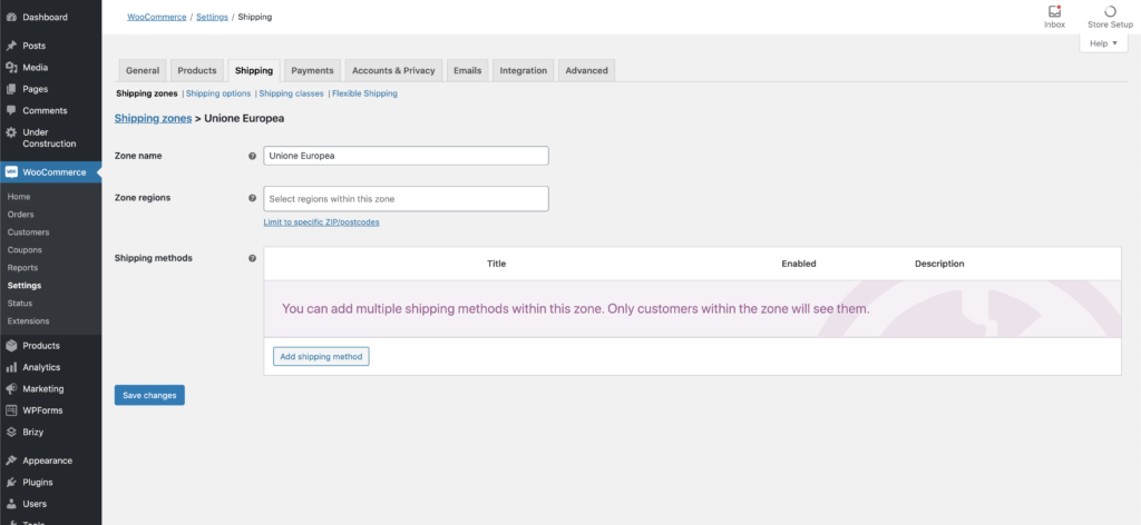 Woocommerce zone di spedizione