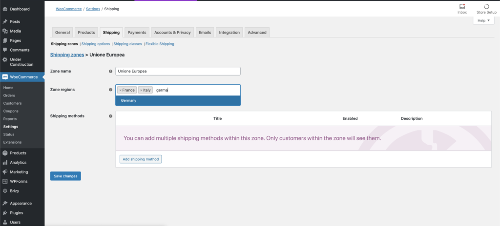 Woocommerce regioni di spedizione