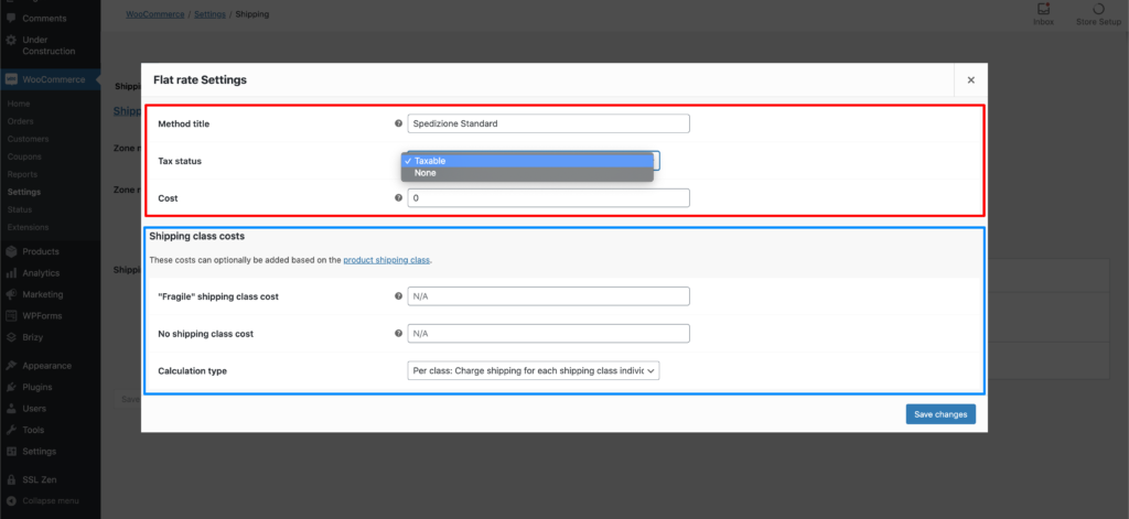 Woocommerce metodi di spedizione