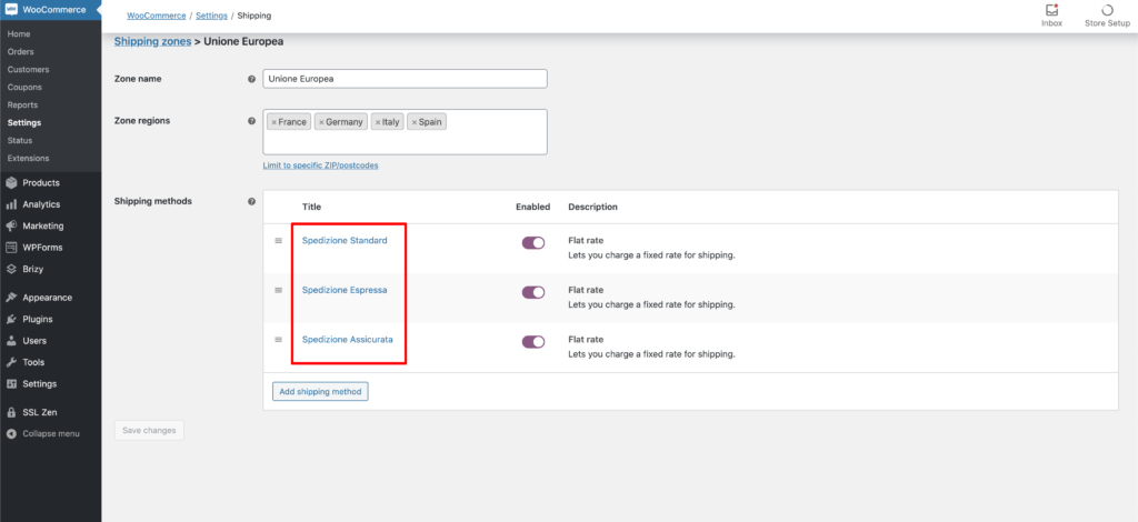 Woocommerce tariffa fissa - standard, express, assicurato