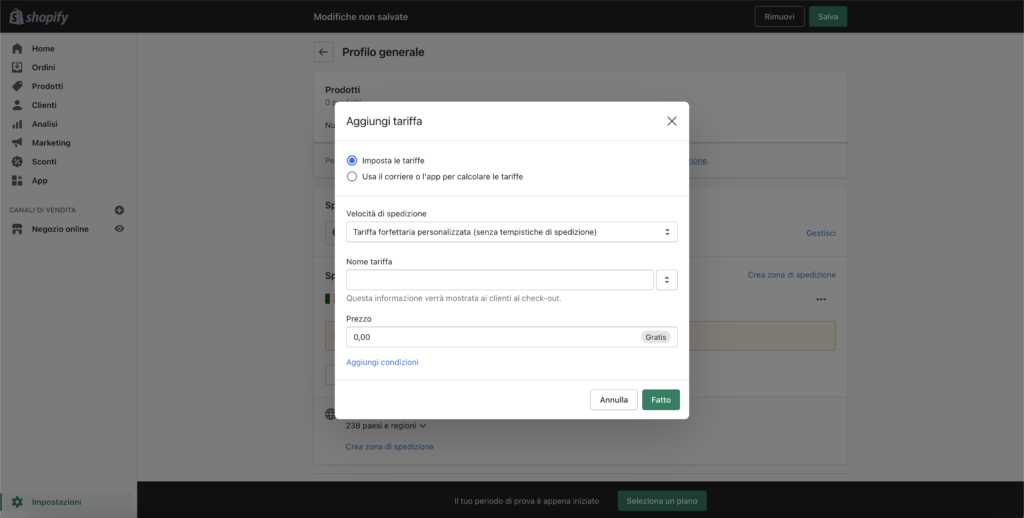 shopify tariffa forfettaria di spedizione