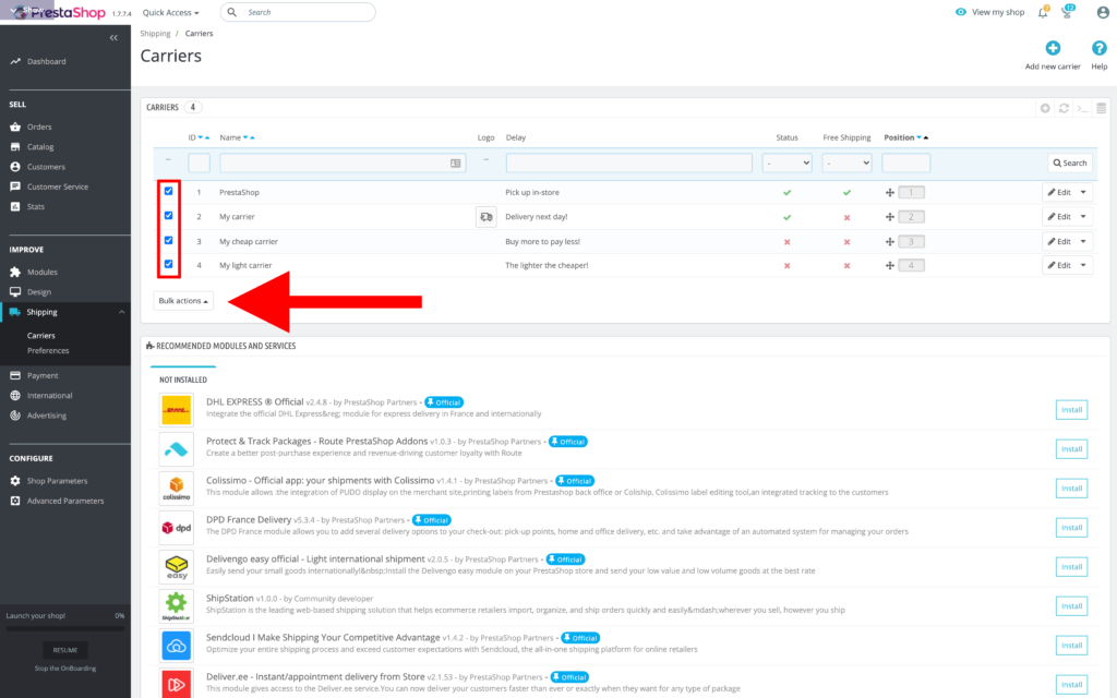 prestashop corrieri di default