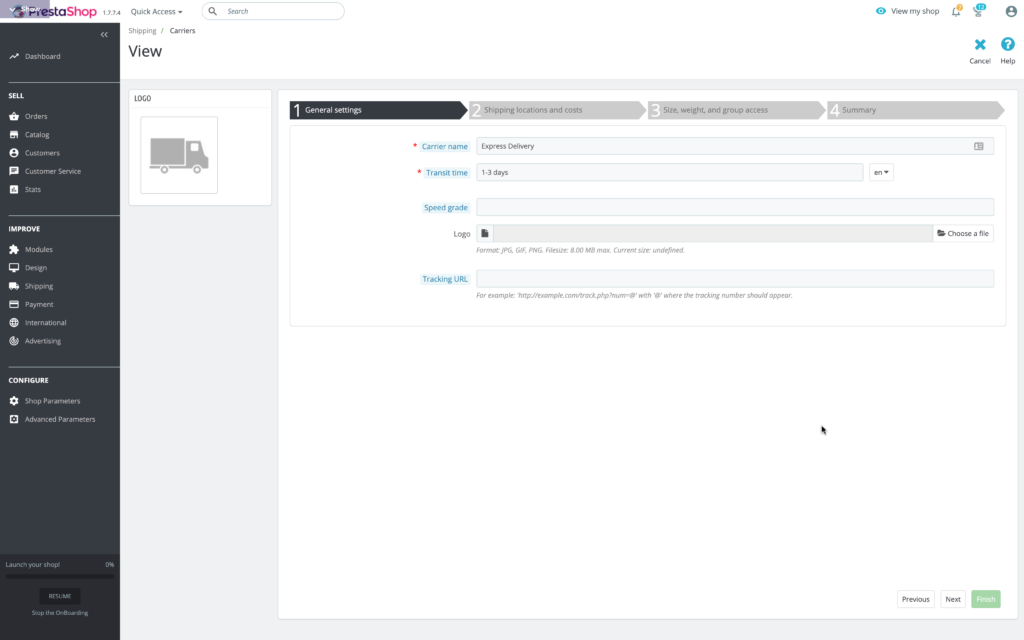 impostazioni generali corrieri prestashop