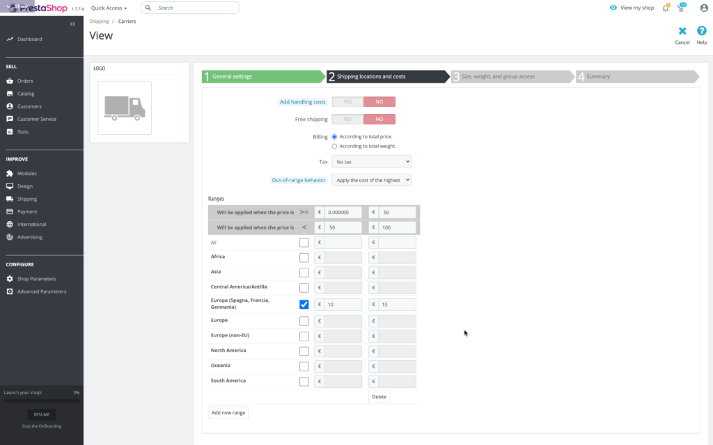 costi e location corrieri prestashop