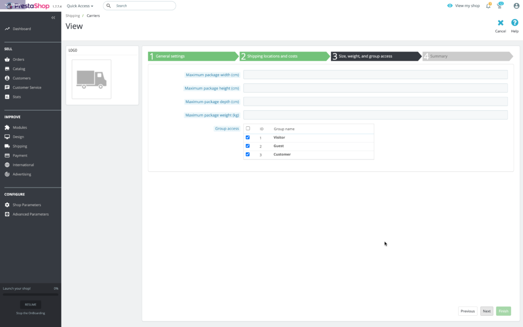 dimensioni spedizioni prestashop