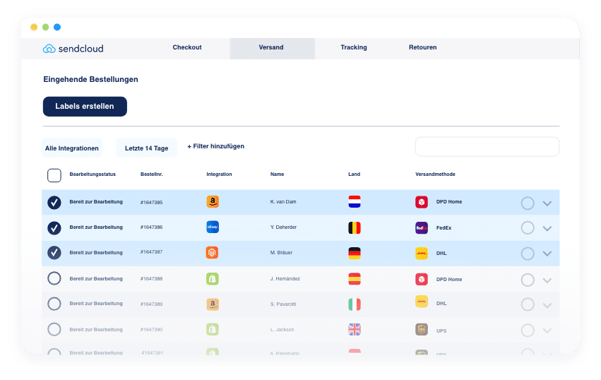 Vorschau eingehender Bestellungen in der Versandsoftware von Sendcloud