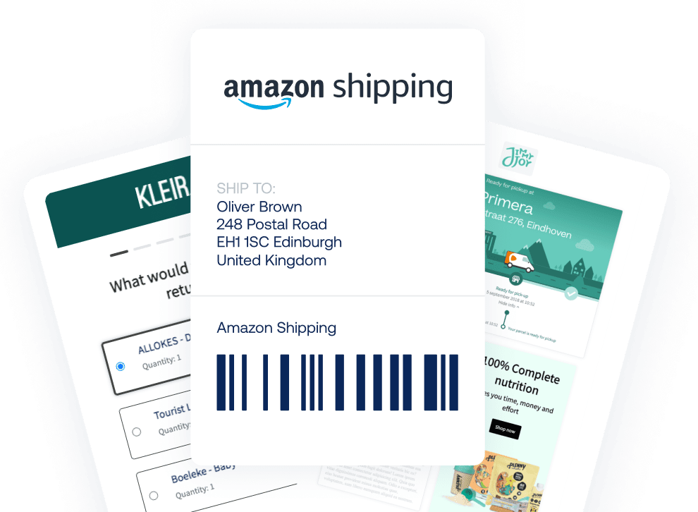 Amazon Shipping, Amazon Shipping tracking email, and Amazon Shipping returns portal displayed as three images