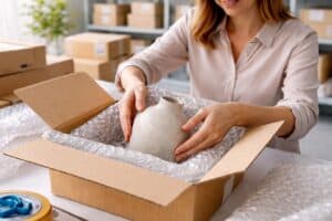 Female e-commerce merchant packing a fragile item in a box with protective materials for insured shipping