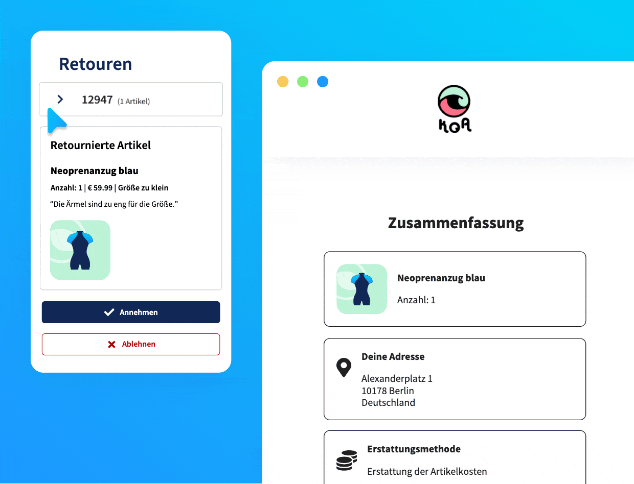 Lass deine Kunden einen Nachweis über kaputte Artikel hochladen und prüfe die Anfrage, um eine Retoure zu genehmigen oder abzulehnen.