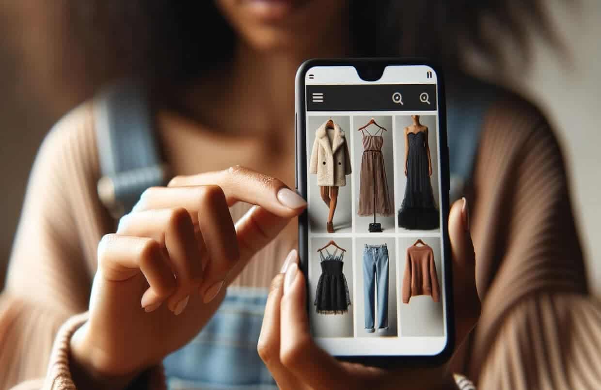 Woman browsing online fashion store sizes with mobile phone