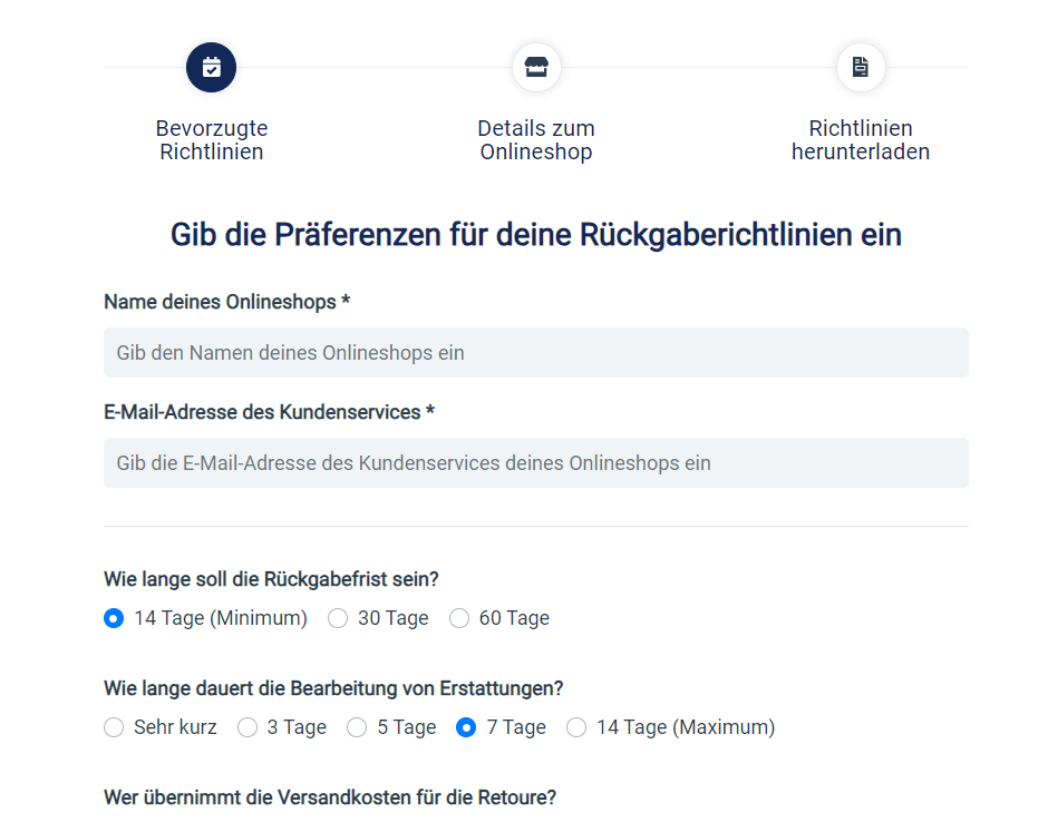 retoure online-shop screenshot rückgaberichtlinien tool sendcloud 
