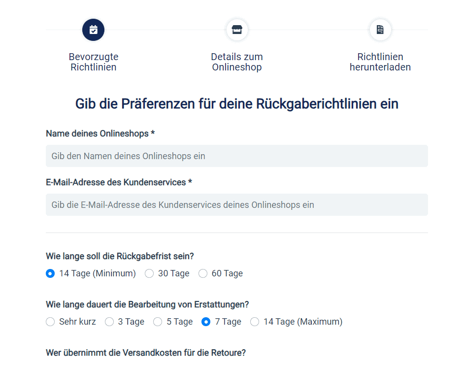 retoure online-shop screenshot rückgaberichtlinien tool sendcloud 