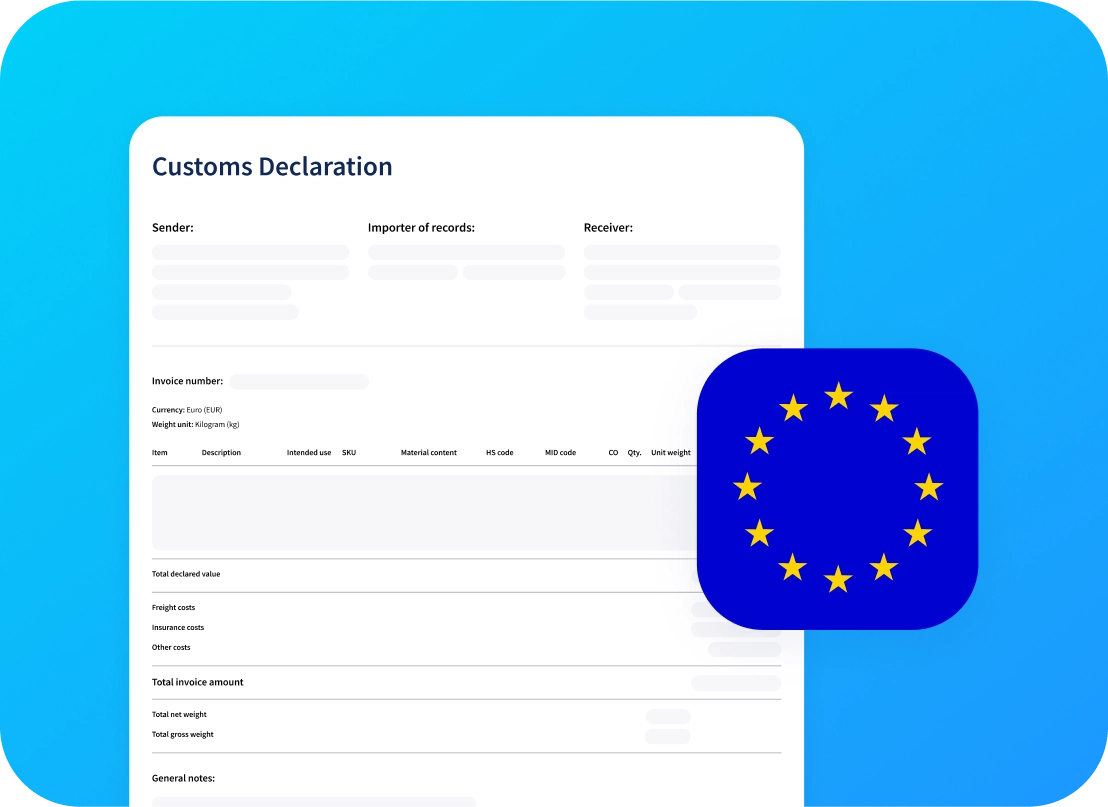 Customs declaration document with details that can be auto-filled