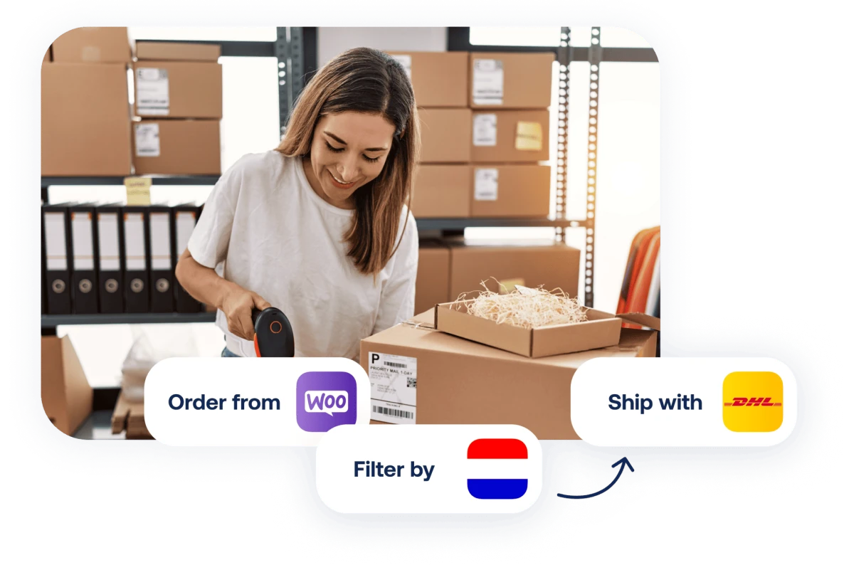 Person packing a box in a warehouse with interface icons for shipping options.