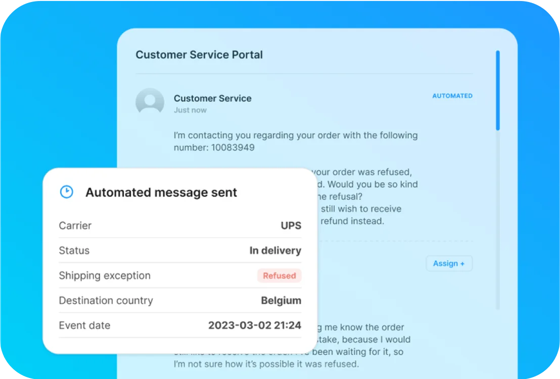 Customer service portal displaying automated messages for resolving a shipping exception, with details on carrier status and event history.