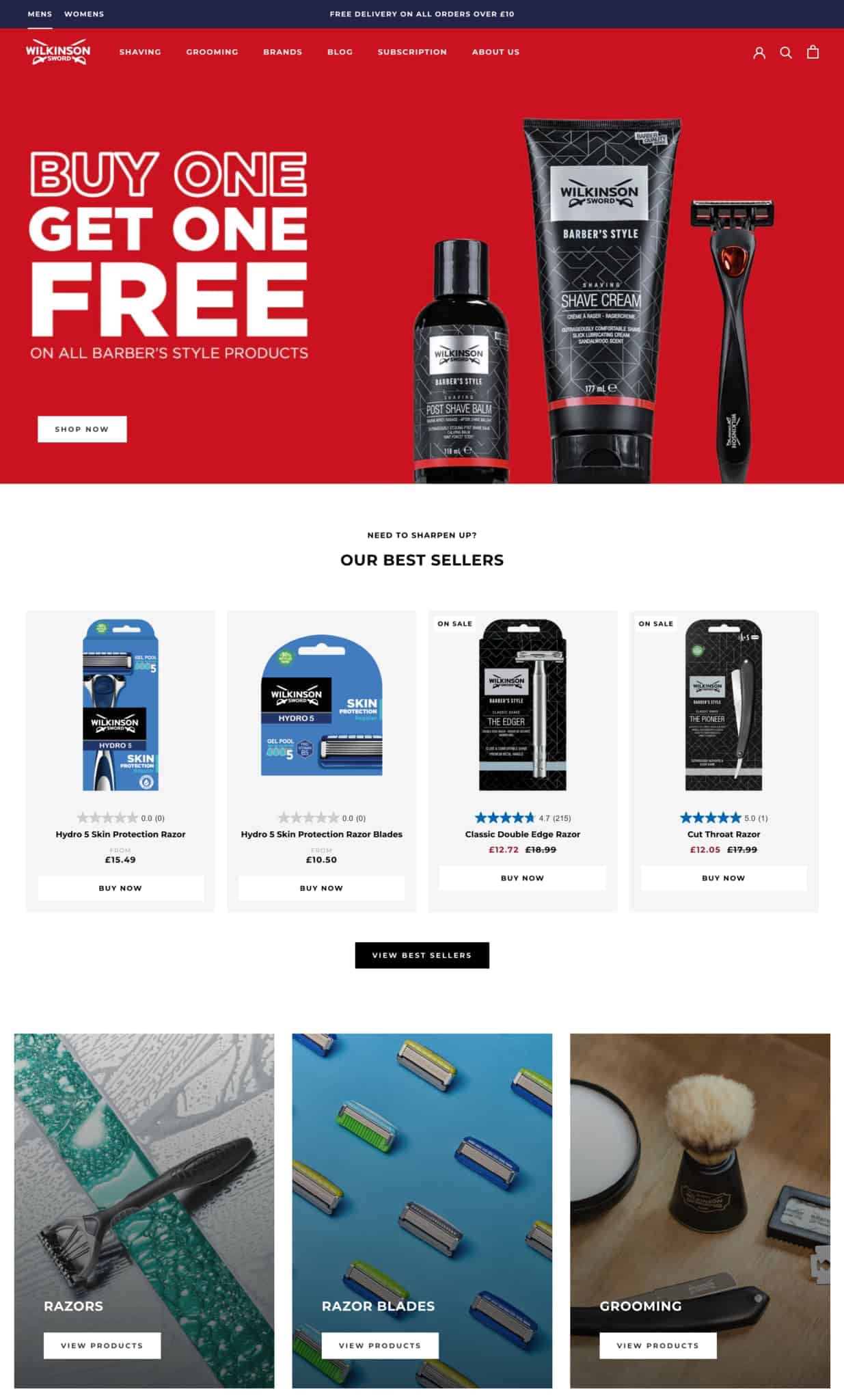 Schermata utente personalizzata di una pagina e-commerce di Wilkinson Sword con offerta 'Buy One Get One Free' su prodotti per la rasatura e una selezione di rasoi e articoli per la cura della pelle in vendita.