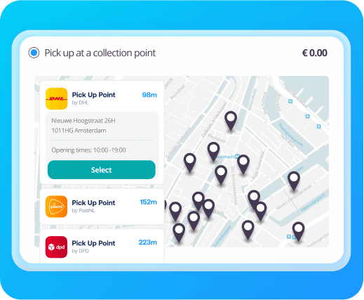 Interface Sendcloud affichant des options de livraison flexibles, permettant aux clients de choisir entre les points de retrait DHL, PostNL et DPD.