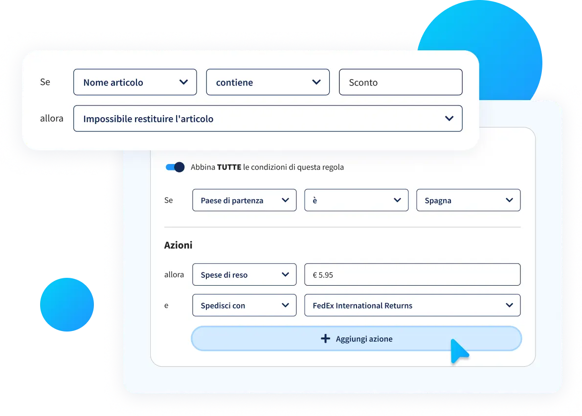 Configurazione automatizzata delle regole di reso nel software RMA di Sendcloud per gestire resi internazionali e costi di spedizione.