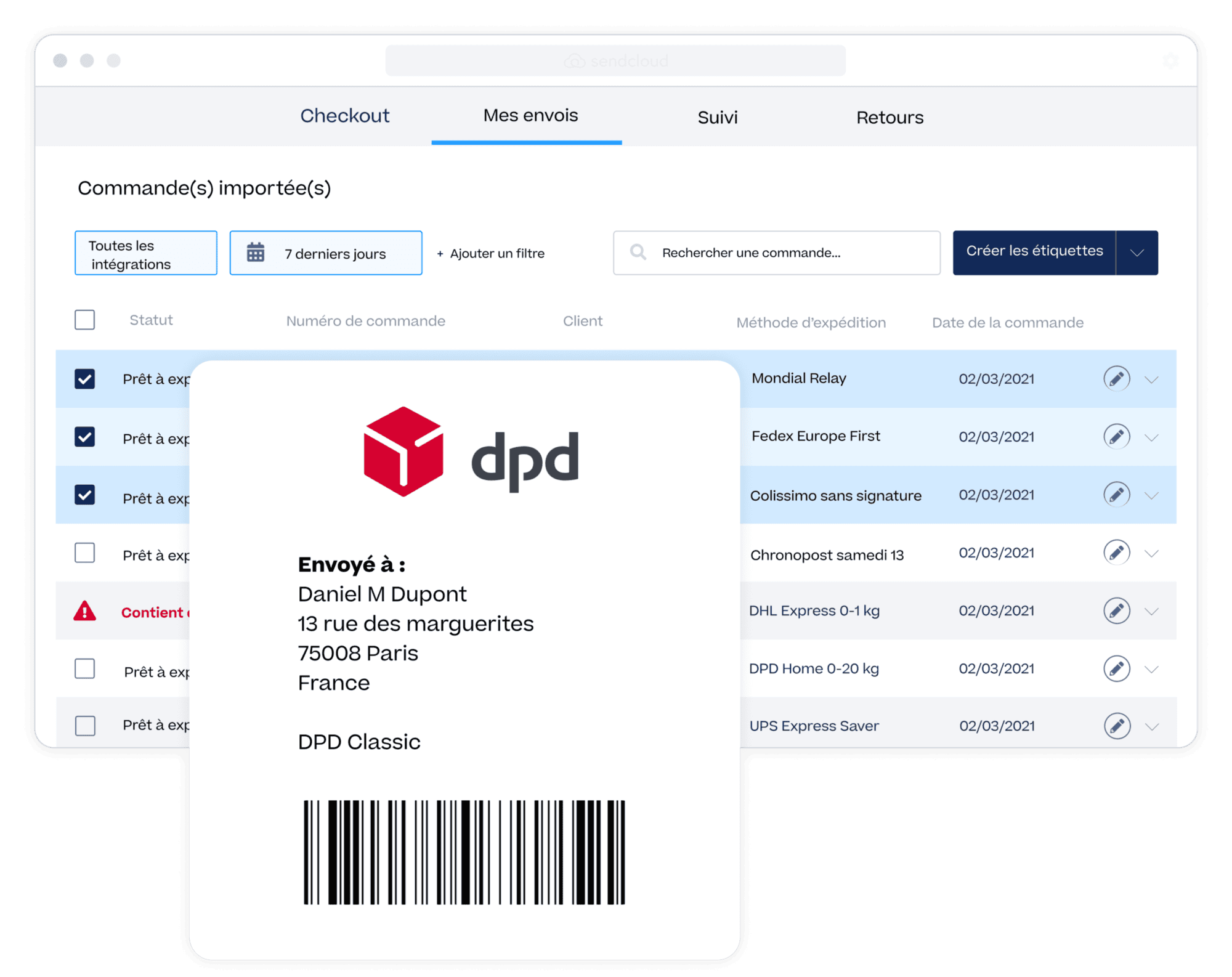 Écran de gestion des envois avec une étiquette d'expédition DPD prête à être imprimée