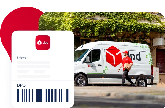 Livreur DPD avec une camionnette de livraison et une étiquette d'expédition