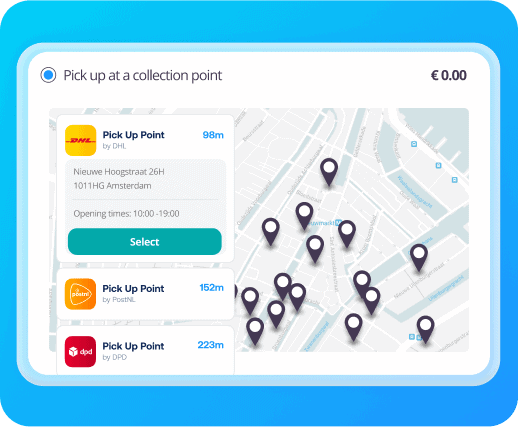 Carte interactive montrant les points de collecte avec des options de retrait pour DPD et d'autres transporteurs