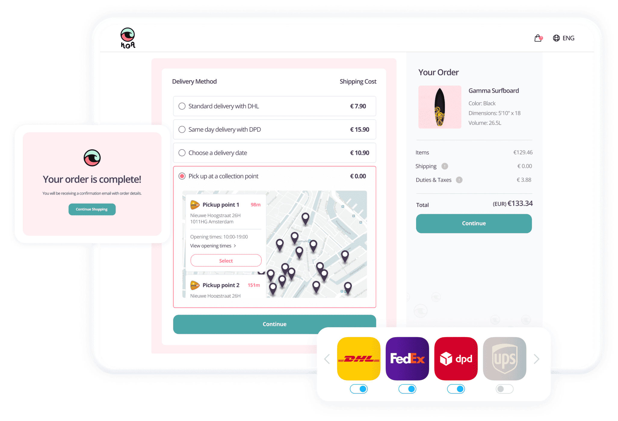 Options de paiement dynamiques qui affichent des méthodes de livraison flexibles et des intégrations avec les transporteurs pour le e-commerce.