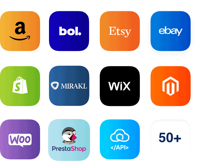 Icônes des plateformes e-commerce et des marketplaces compatibles avec le logiciel pour l'expérience post-achat.