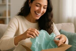 Women unboxing her parcel wih a big smile on her face