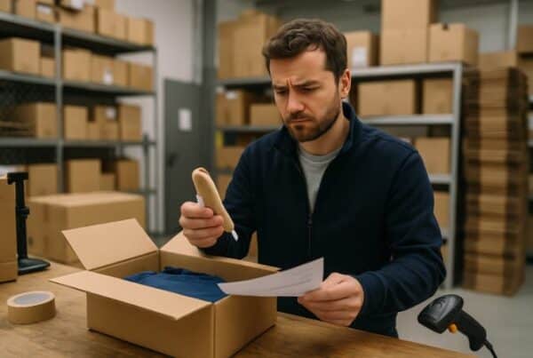A warehouse employee is holding a product in his hand, looking confused. In front of him is an open package, and in the background are a packing table, boxes, and a scanner.