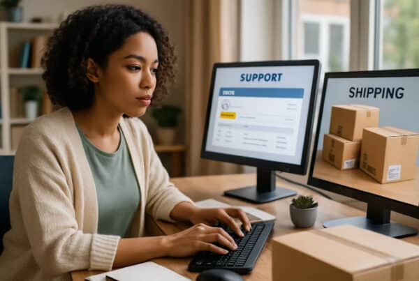 Woman typing on Laptop with two screens, one showing an open support automation system, the other shipping with boxes