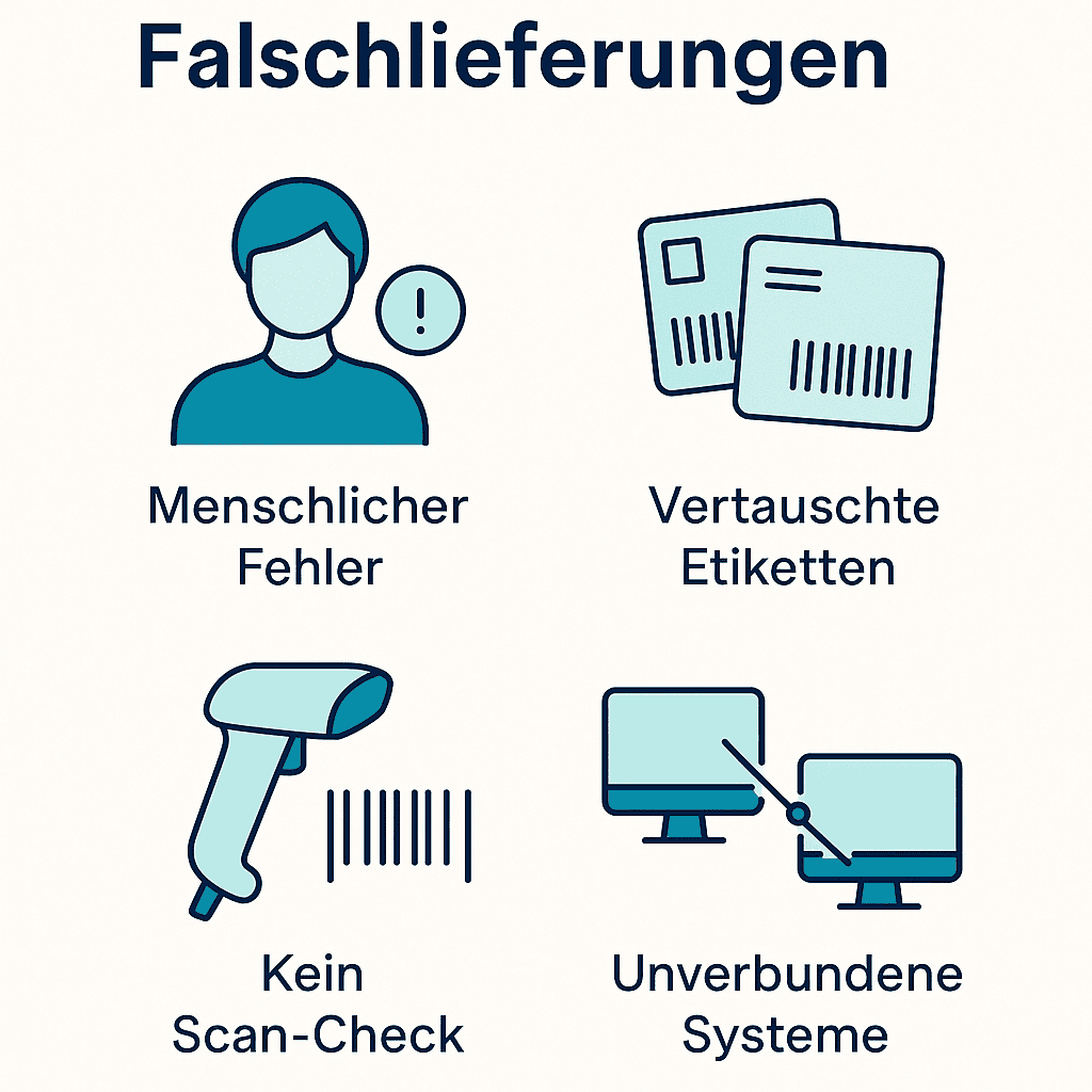 Infografik zu den häufigsten Gründen für Falschlieferungen: menschliche Fehler, falsche Etiketten, keine Scan-Kontrolle, nicht verbundene Systeme, Stress in der Hochsaison