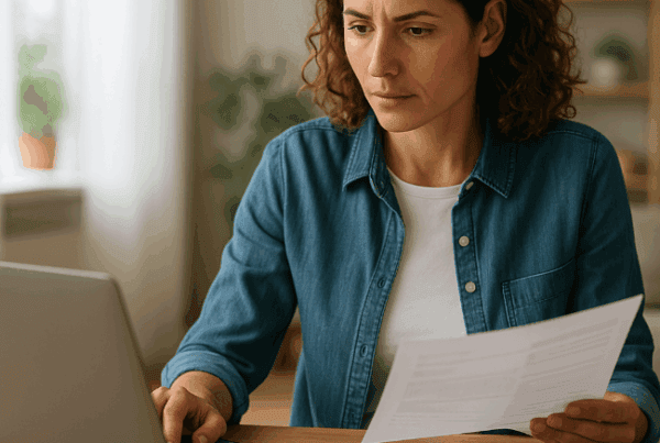 Woman filing carrier claims manually looking slightly annoyed by all the effort