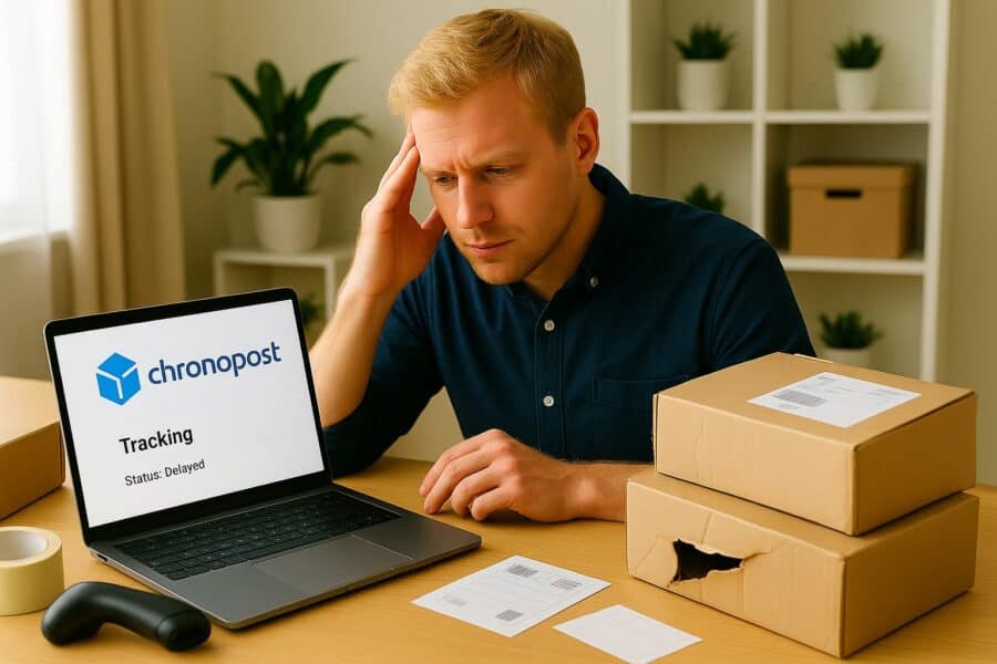 A male business owner works at his  desk, laptop open with a Mondial Relay shipment tracking page visible. A couple of damaged or opened parcels sit nearby, along with packing tape and shipping labels. Her expression shows mild frustration but also focus