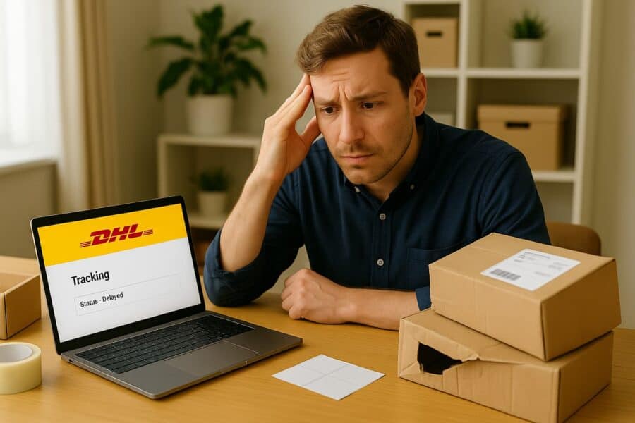 A small business owner sits at their desk, laptop open with a DHL shipment tracking page on screen. Around them are a few damaged parcels or open boxes, packing materials scattered nearby. Their expression shows mild frustration mixed with determination—capturing the moment they’re ready to take action and file a claim.
