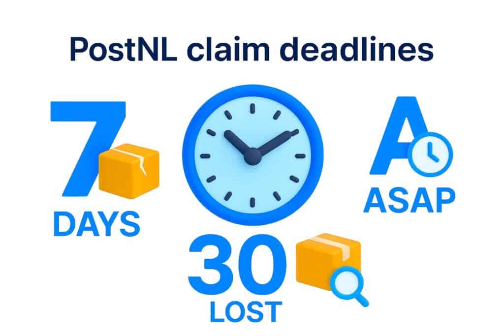 A dynamic countdown clock graphic showing the critical PostNL claim deadlines (7 days for damage, 30 days for lost, ASAP for delays), with each number tied to its claim type via color-coded icons.