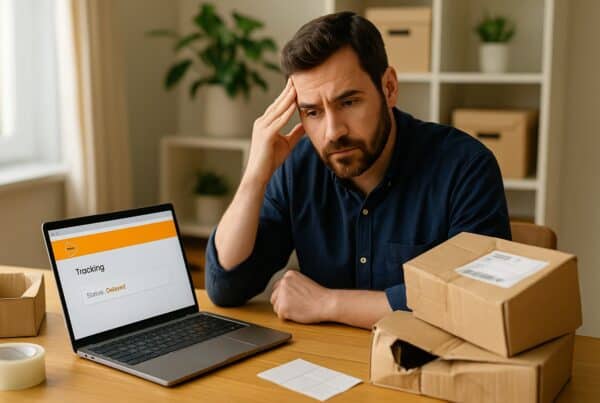 A small business owner at a desk, laptop open with a PostNL tracking page on screen, surrounded by a few damaged parcels or open boxes. Expression shows mild frustration, but not overly negative—balanced with a sense of “I’m about to fix this.”