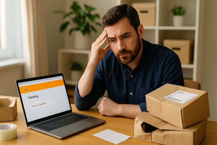 A small business owner at a desk, laptop open with a PostNL tracking page on screen, surrounded by a few damaged parcels or open boxes. Expression shows mild frustration, but not overly negative—balanced with a sense of “I’m about to fix this.”