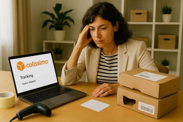 A female business owner works at her desk, laptop open with a DPD shipment tracking page visible. A couple of damaged or opened parcels sit nearby, along with packing tape and shipping labels. Her expression shows mild frustration but also focus—she’s clearly about to take control and start the claim process.