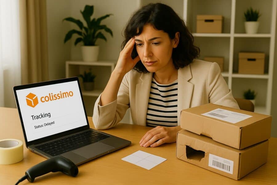 A female business owner works at her desk, laptop open with a DPD shipment tracking page visible. A couple of damaged or opened parcels sit nearby, along with packing tape and shipping labels. Her expression shows mild frustration but also focus—she’s clearly about to take control and start the claim process.