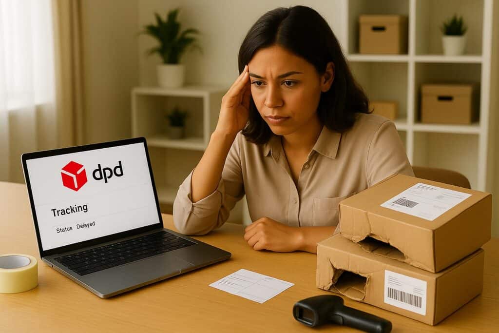 A female business owner works at her desk, laptop open with a DPD shipment tracking page visible. A couple of damaged and opened parcels sit nearby, along with packing tape and shipping labels.