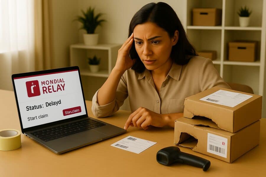 A female business owner works at her desk, laptop open with a Mondial Relay shipment tracking page visible. A couple of damaged or opened parcels sit nearby, along with packing tape and shipping labels. Her expression shows mild frustration but also focus