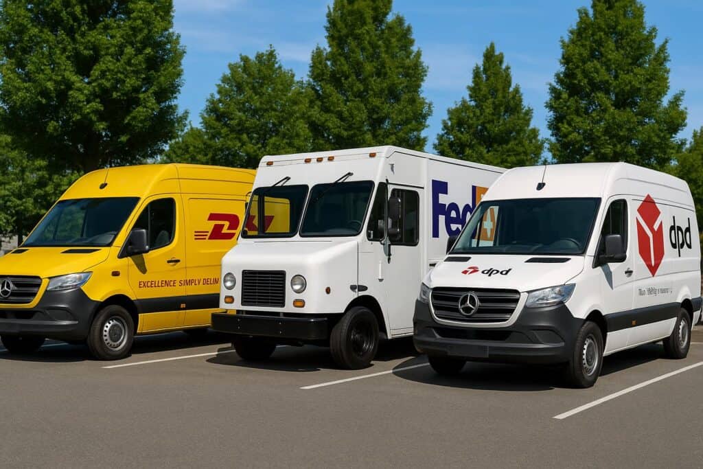 DHL, Fedex and dpd truck on a parking lot