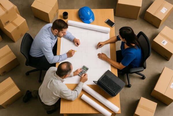 E-commerce shipping team sitting around a table planning the e-commerce shipping strategy for next year with parcels laying around